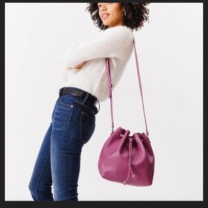 Portland Leather Goods Bucket Bag Purse Crossbody Purple Plum Color Drawstring